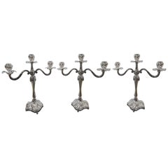 Set of Three Italian Three Lights Silver Candelabras Flowery Baroque Style