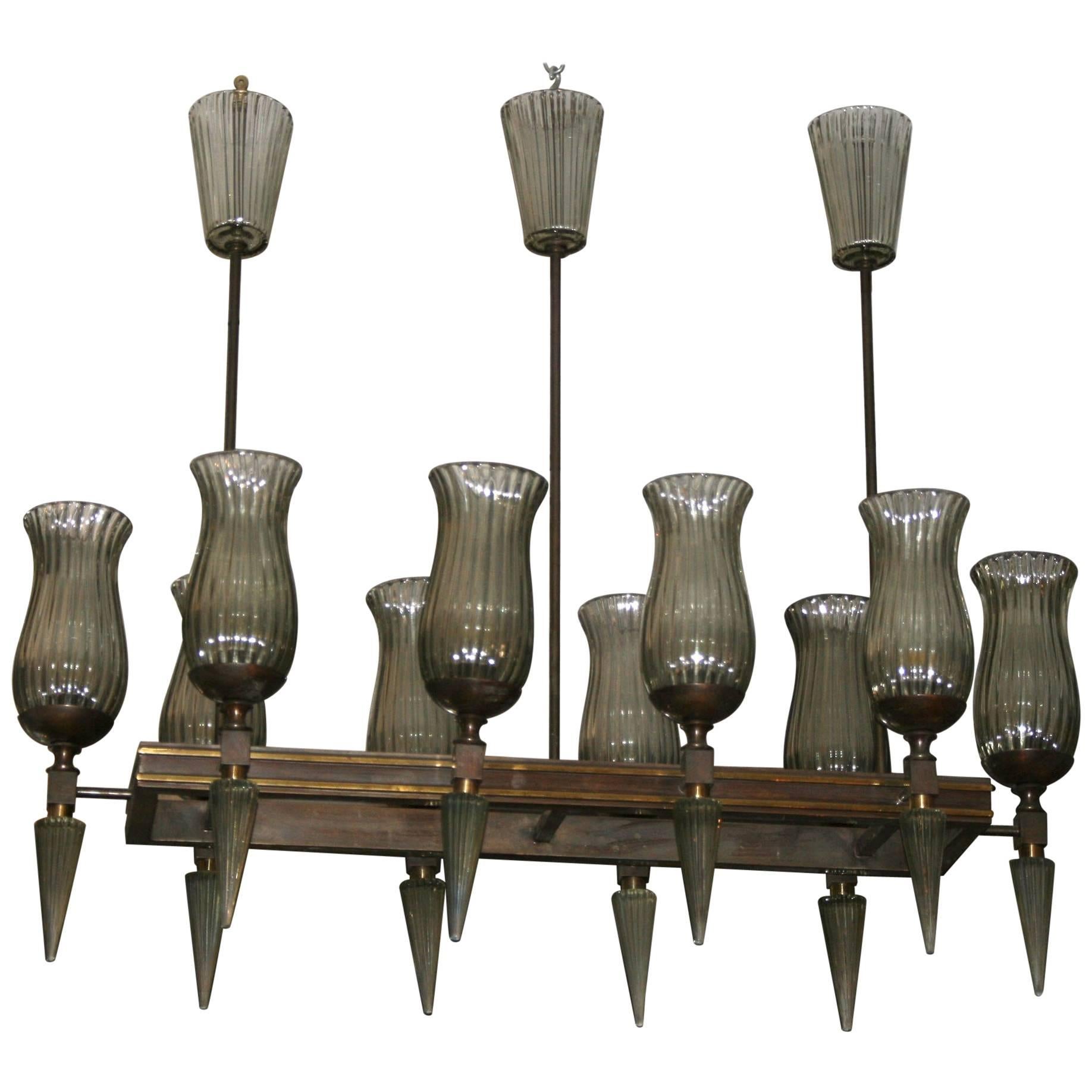 In the Style of Jules Leleu, Verones Neoclassical Chandelier and Pair of Sconces