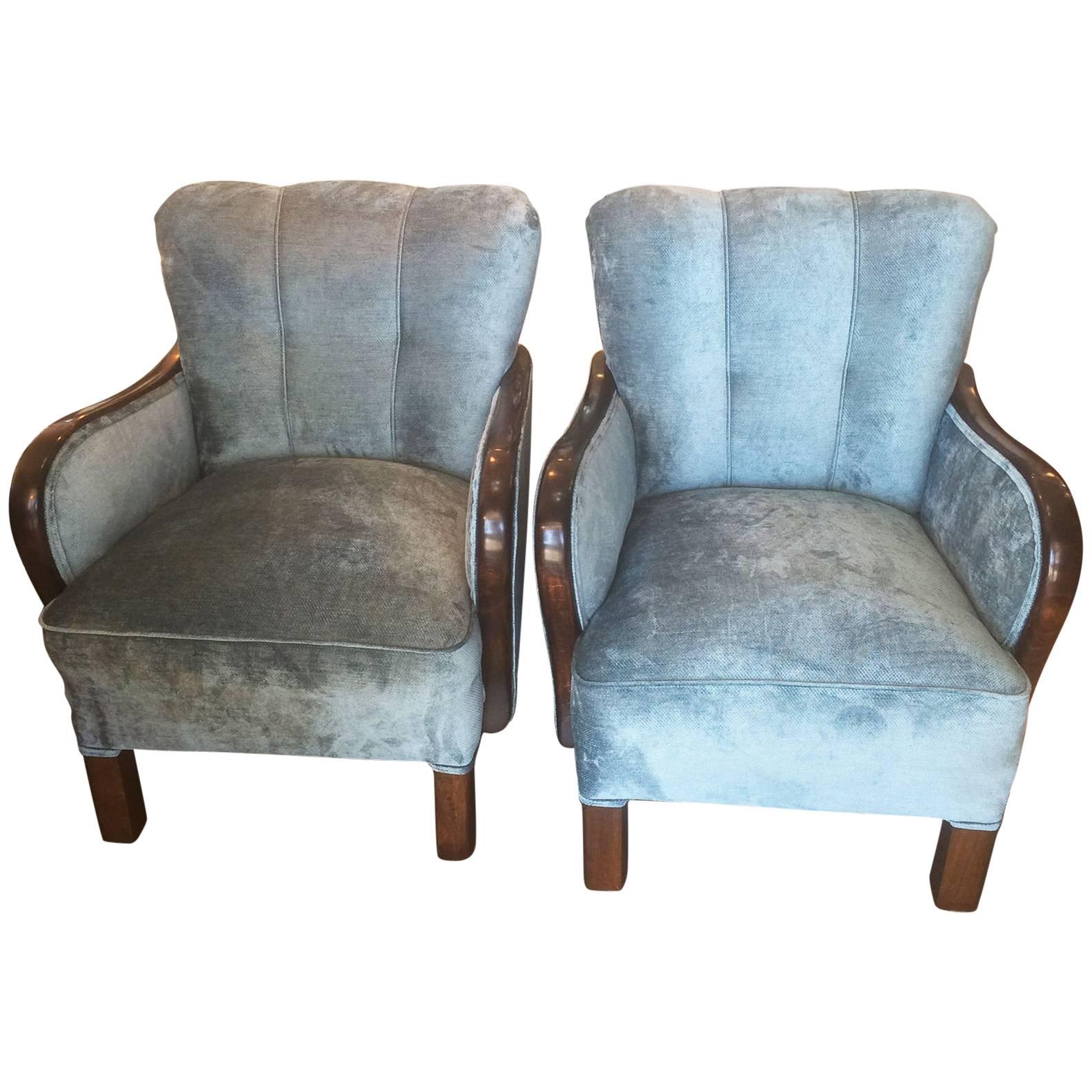 Pair of Art Deco Blue German Armchairs 1930s in the style of Halabala 