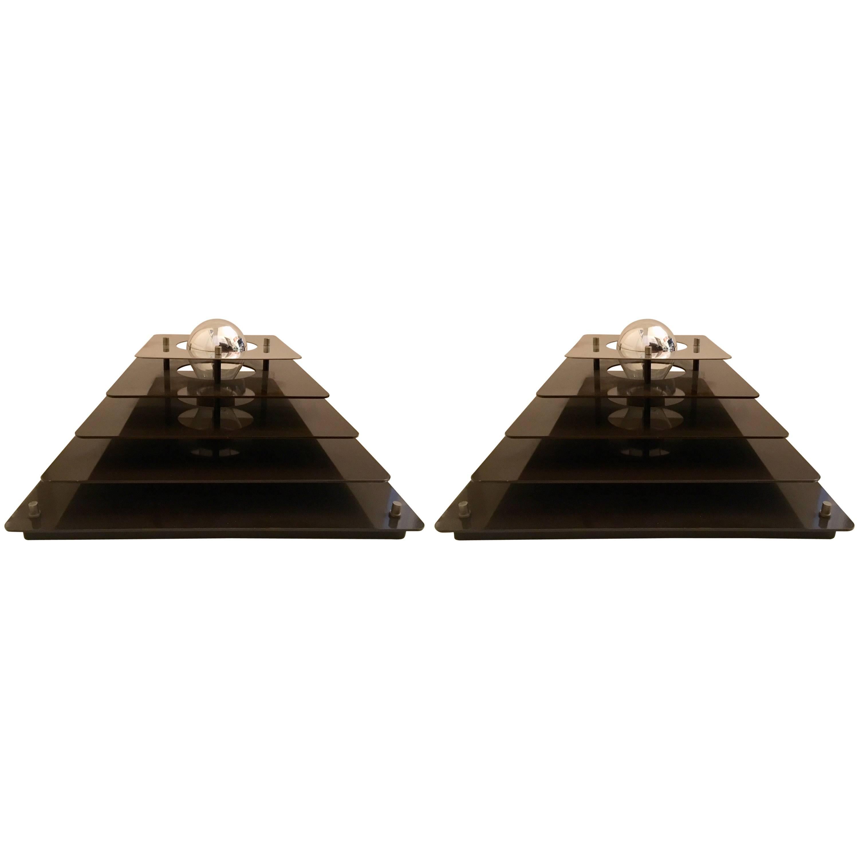 Pair of circa 1970 Italian Metal Sconces or Table Lamps Pyramidal Shaped For Sale