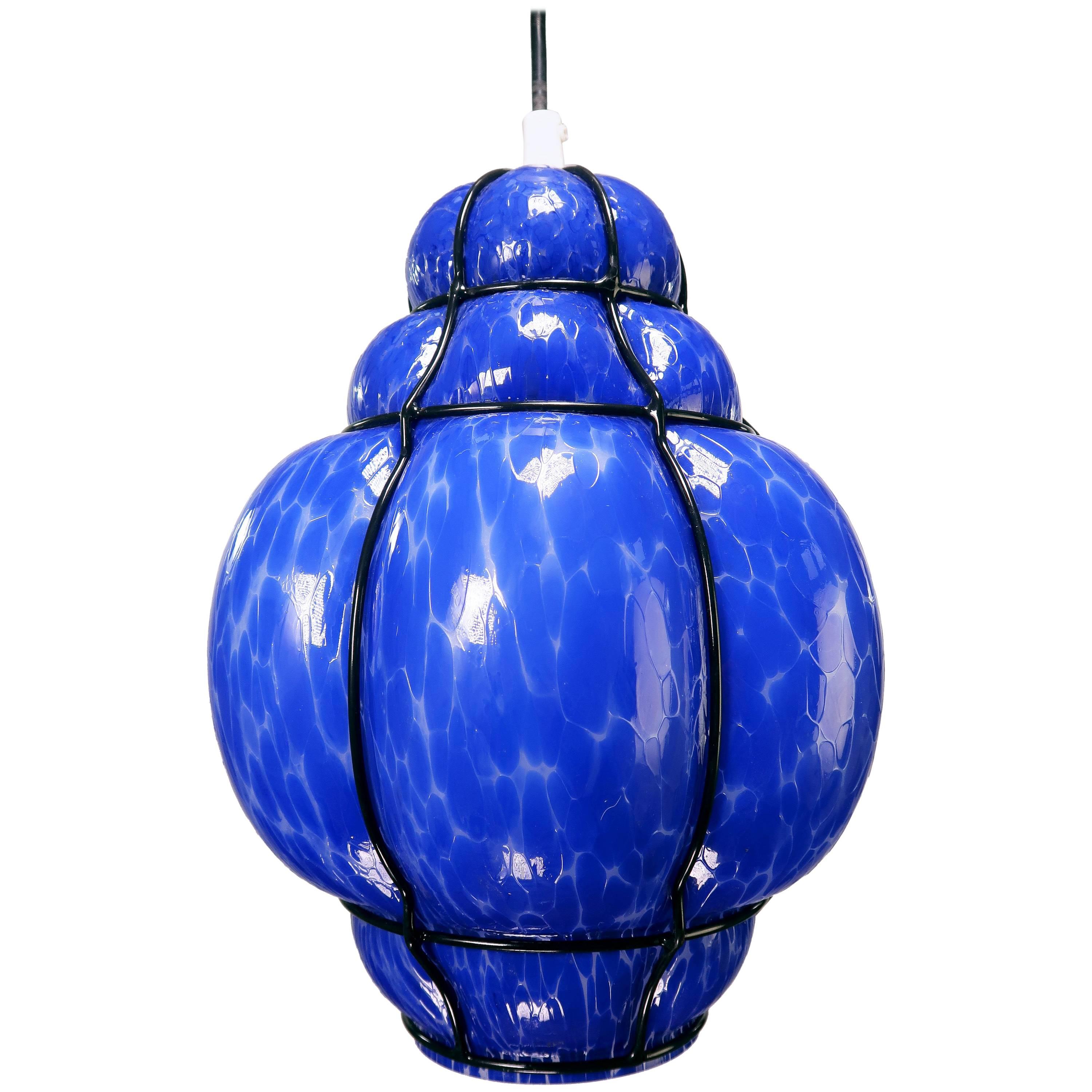 Wiktor Brandt for Flygsfors 1950s Blue Art Glass Caged Pendant For Sale