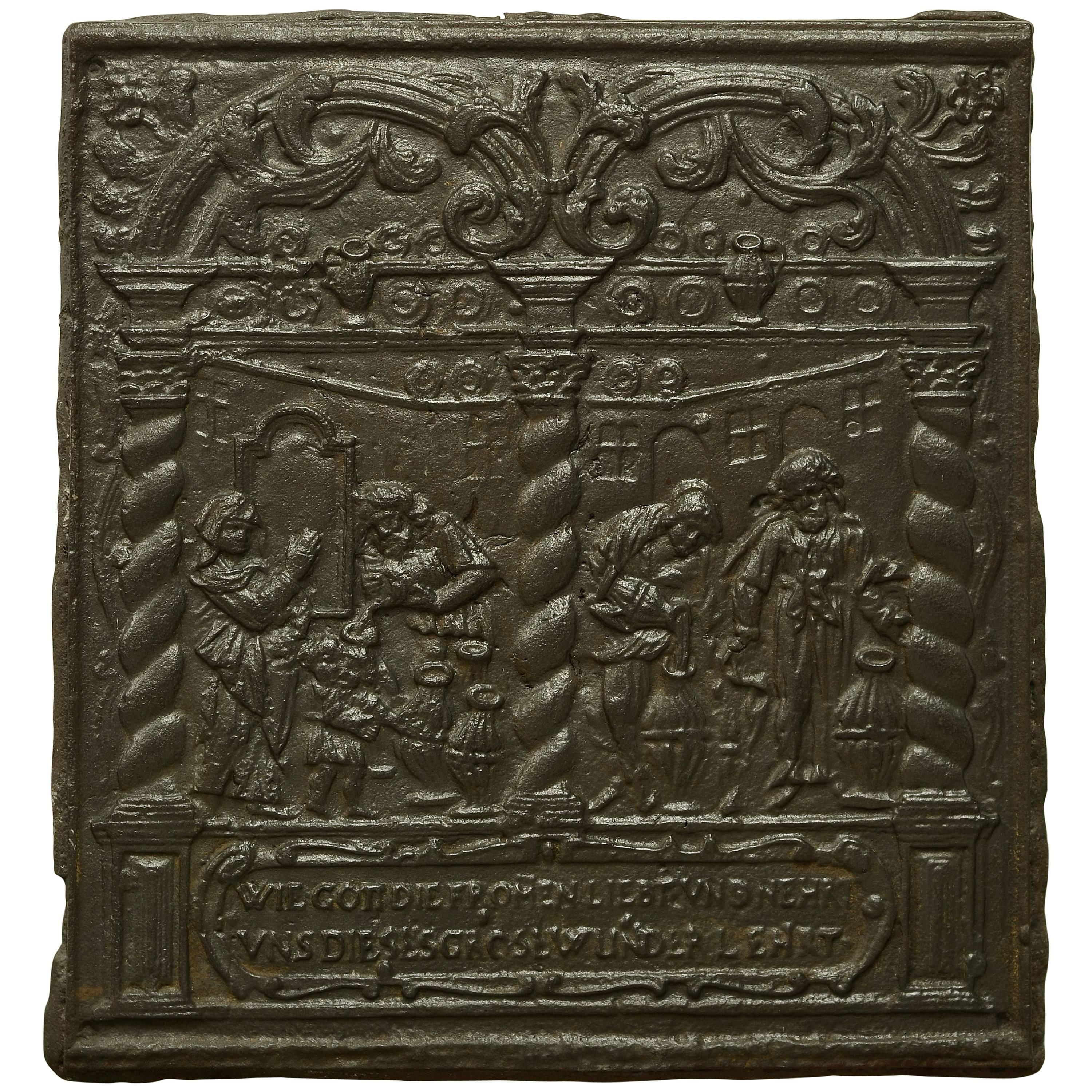 Plaque de cheminée ancienne unique du 16ème siècle, fête biblique du vin en vente