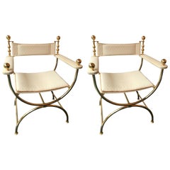 Pair of Brass Neoclassical Curul Armchairs by Romeo, France, 1980s