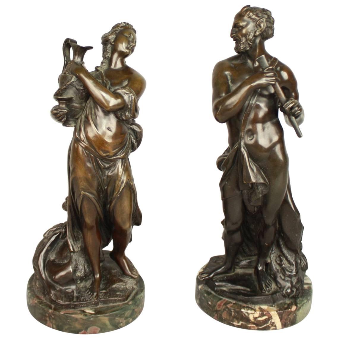 Pair of French 18th Century Louis XVI Bronze Sculpture of Faun and Bacchante For Sale