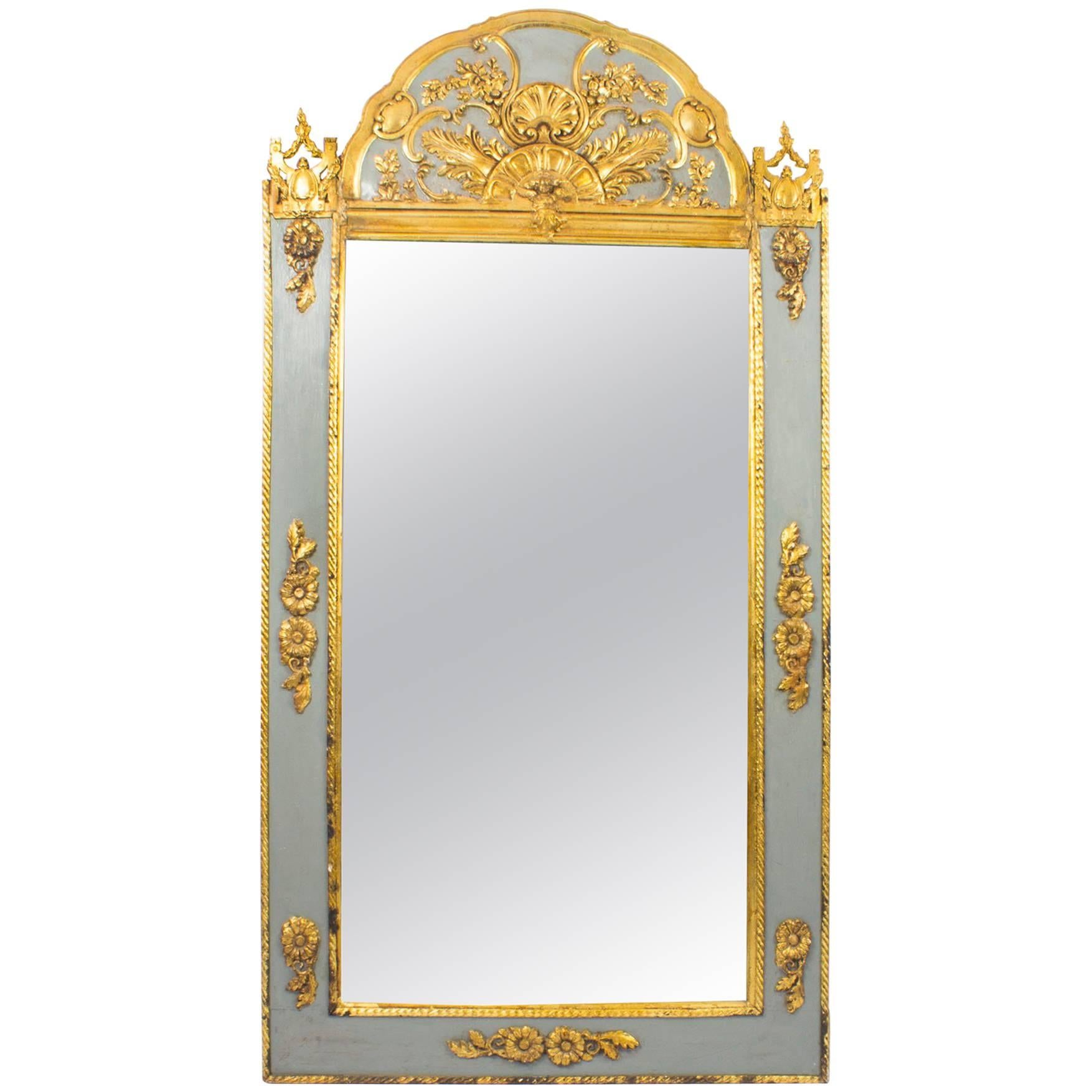Antique French Giltwood and Grey Painted Overmantel Mirror, 19th Century