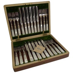 Antique Set of 12 Fruit Knives and Forks / Mother-of-Pearl and Silver Plate, circa 1890