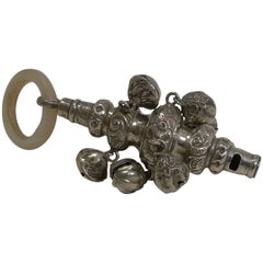 Antique English Sterling Silver and Mother-of-Pearl Baby Rattle, 1881