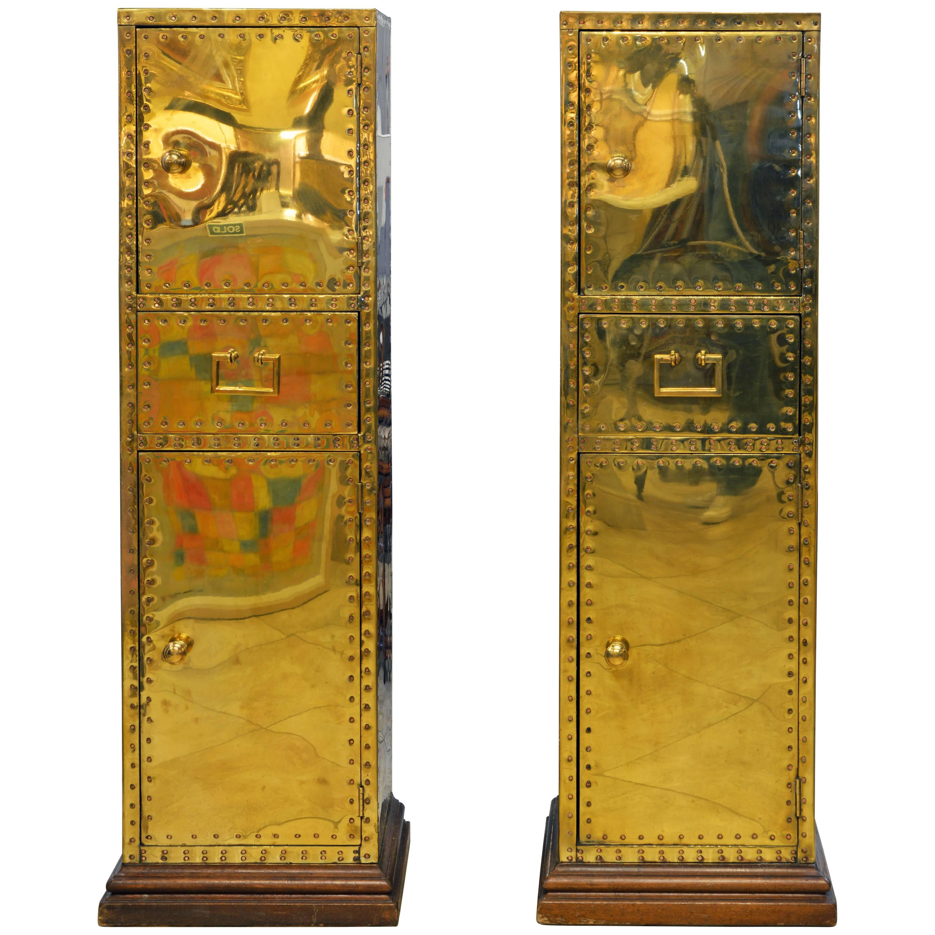 Unusual Pair of Vintage Sarreid Style Copper Nail Brass Clad Pedestal Cabinets