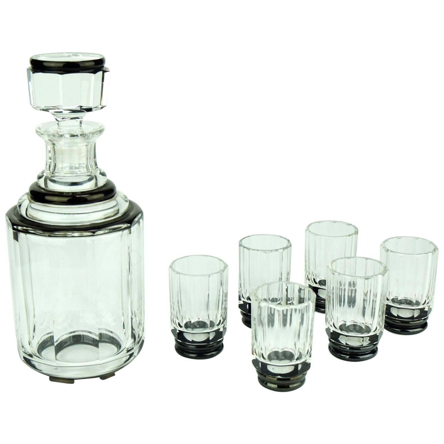 Art Deco Glass Liquor Service Decanter and Glasses For Sale