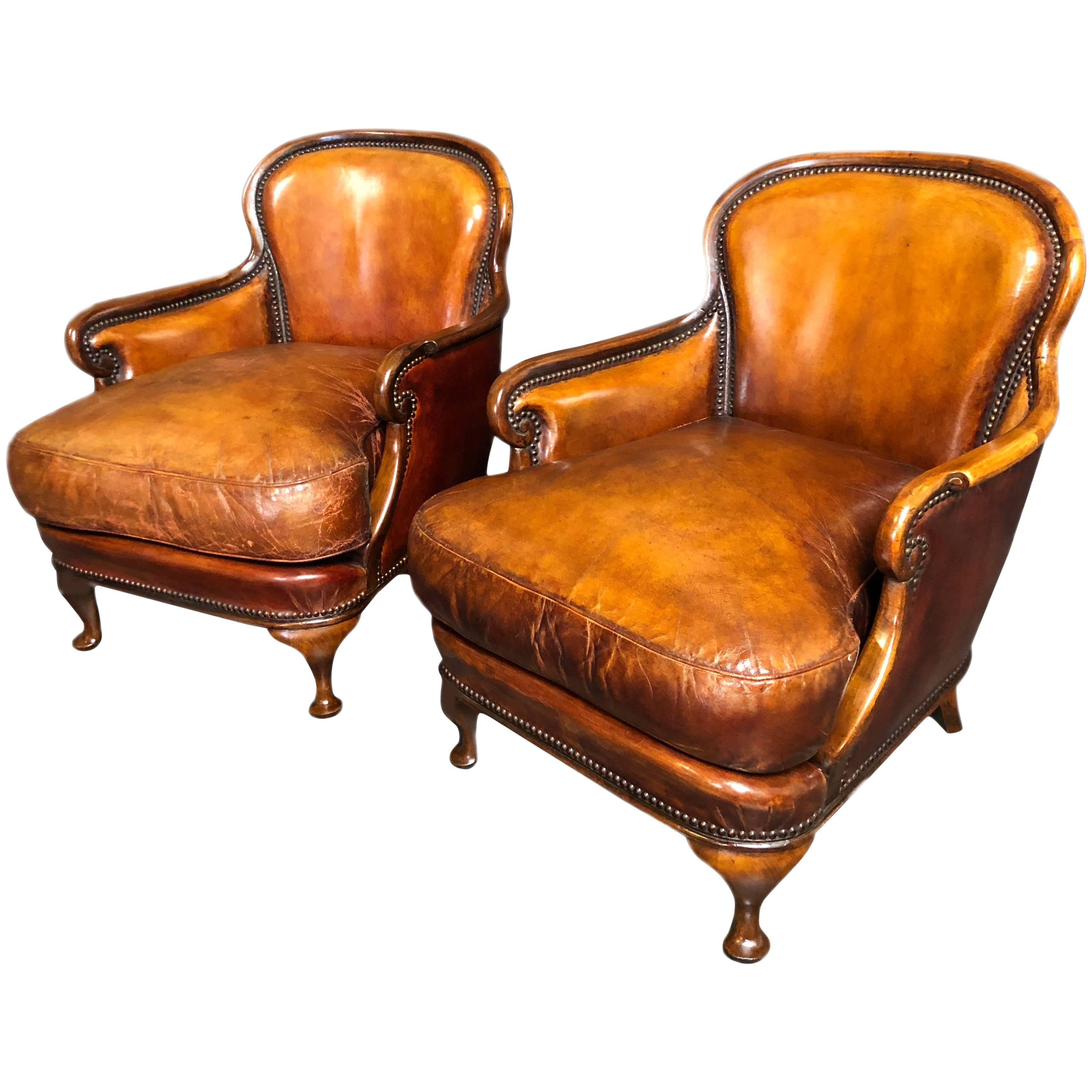 Pair of Small Antique Walnut Armchairs with Whisky Brown Leather 