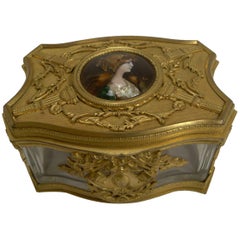 Antique French Napoleon III Crystal Box with Signed Enamel Inset