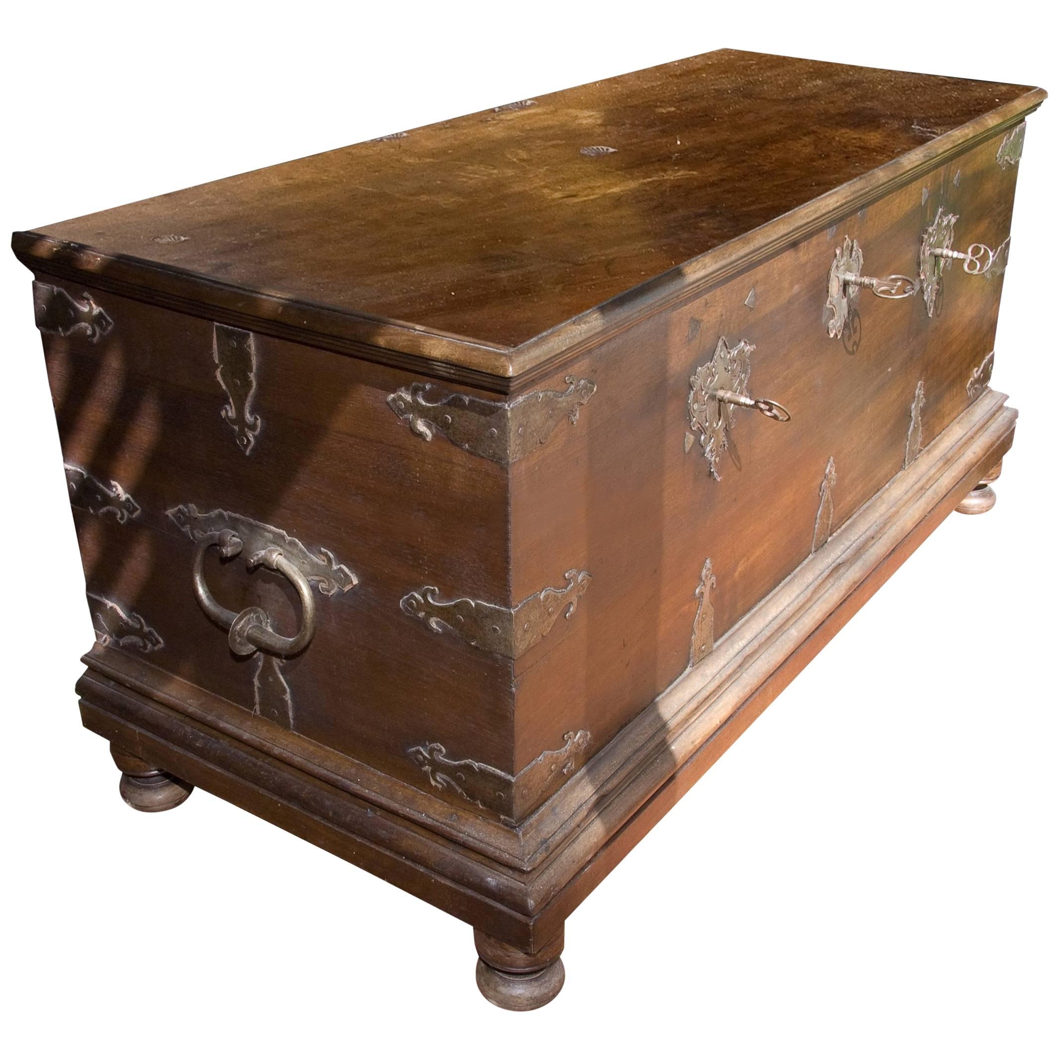 "City Hall" Chest, Walnut, Wrought Iron, Castile Spain, 17th Century For Sale