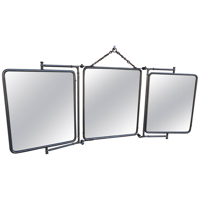 Rare Midcentury Industrial Threefold Metal Frame Folding Wall Mirror 1930 1950