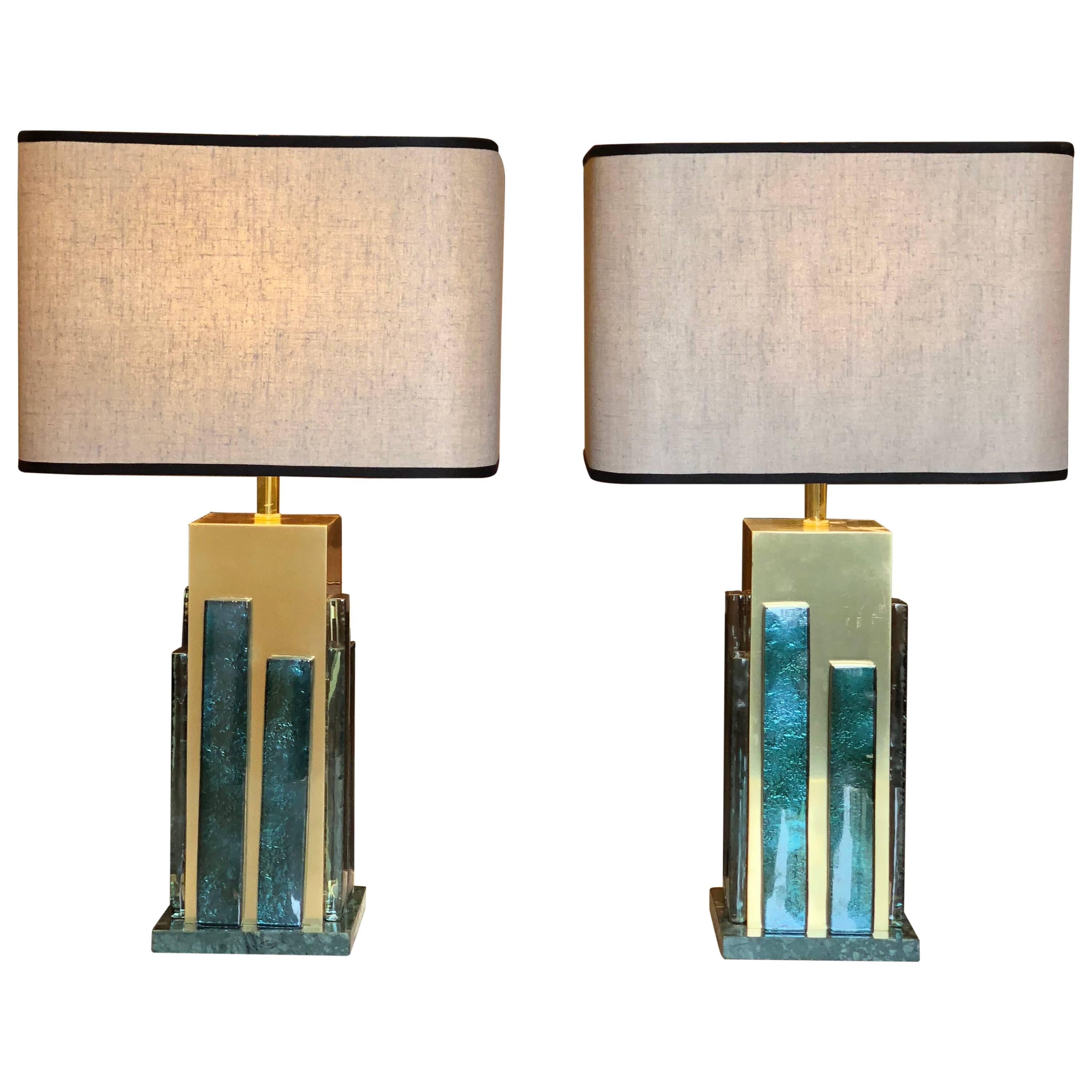 Late 20th Century Pair of Brass and Light Green Murano Glass Table Lamps