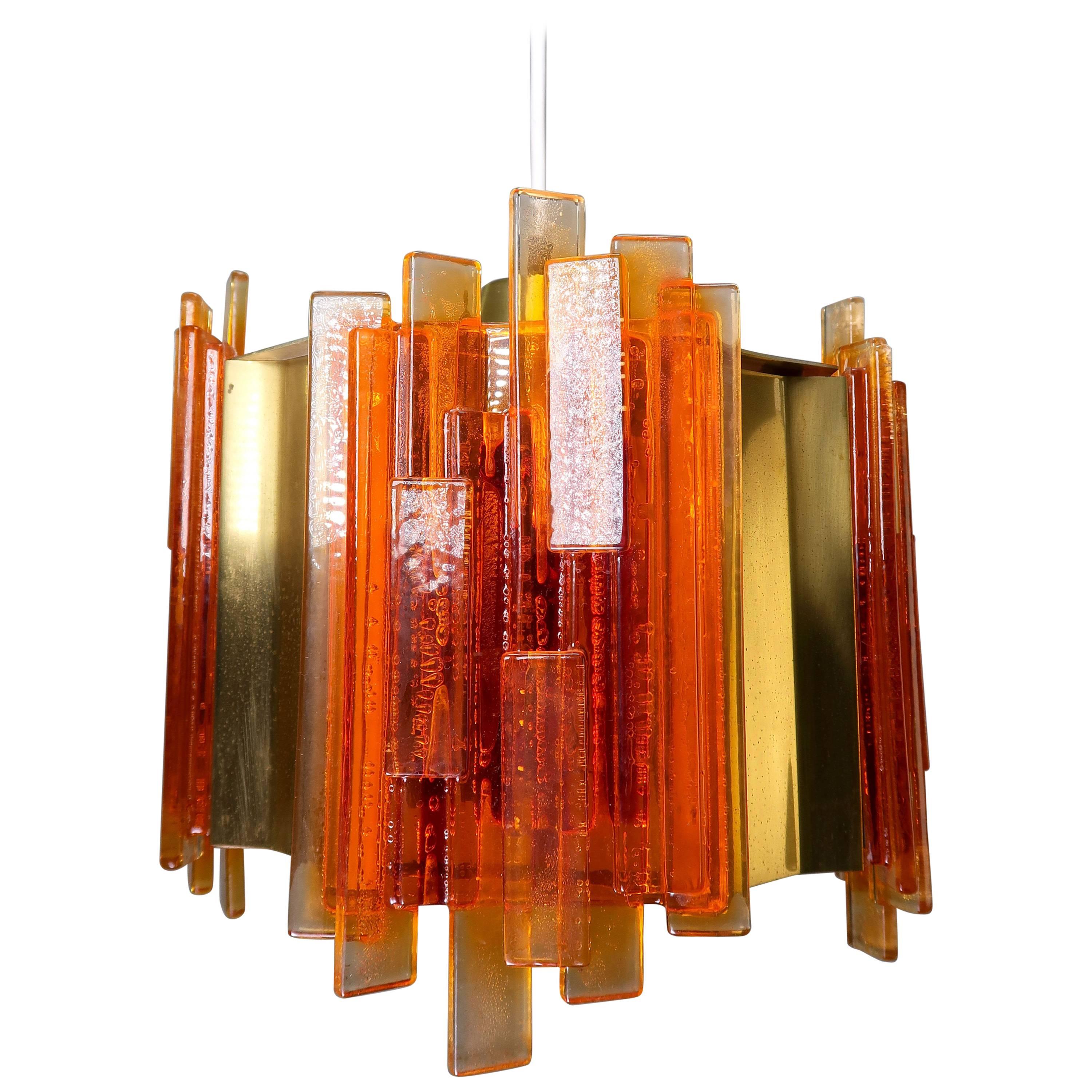 Claus Bolby Danish Space Age Orange Sculpted Acrylic and Brass Pendant, 1970s