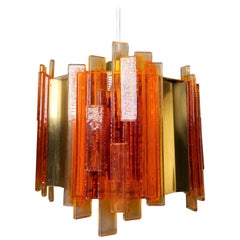 Claus Bolby Danish Space Age Orange Sculpted Acrylic and Brass Pendant, 1970s