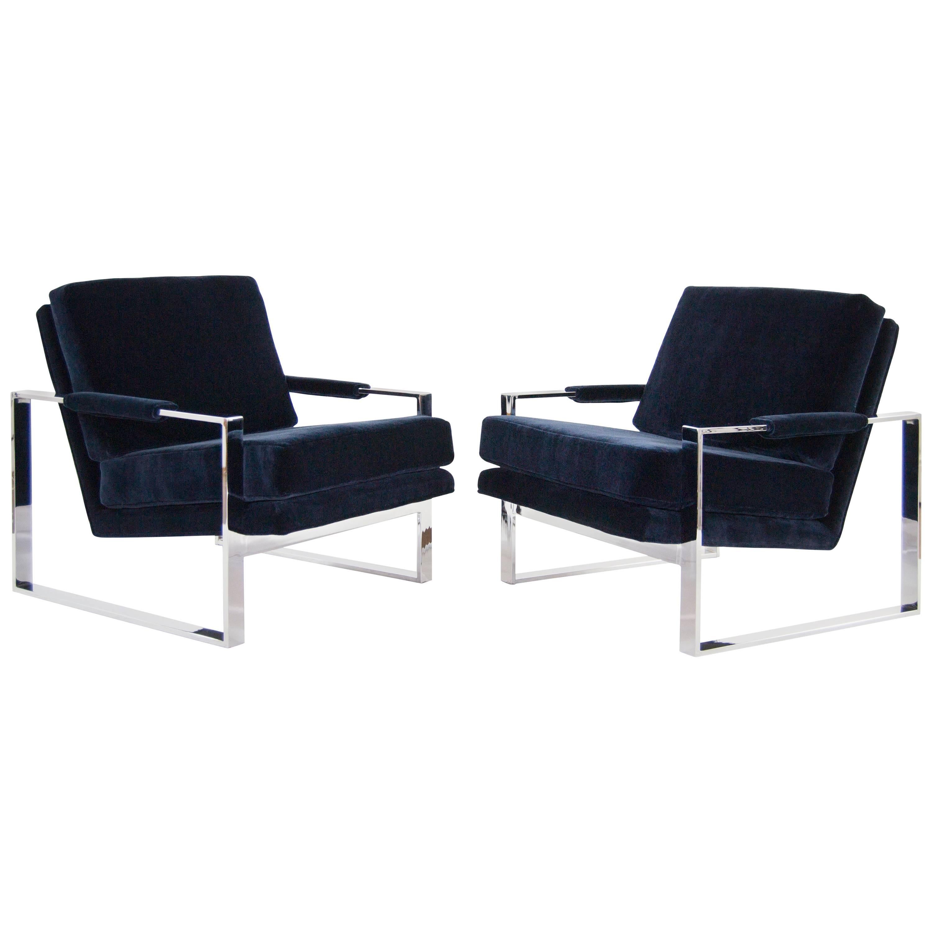 Pair of Chrome Flat Bar Lounge Chairs by Milo Baughman