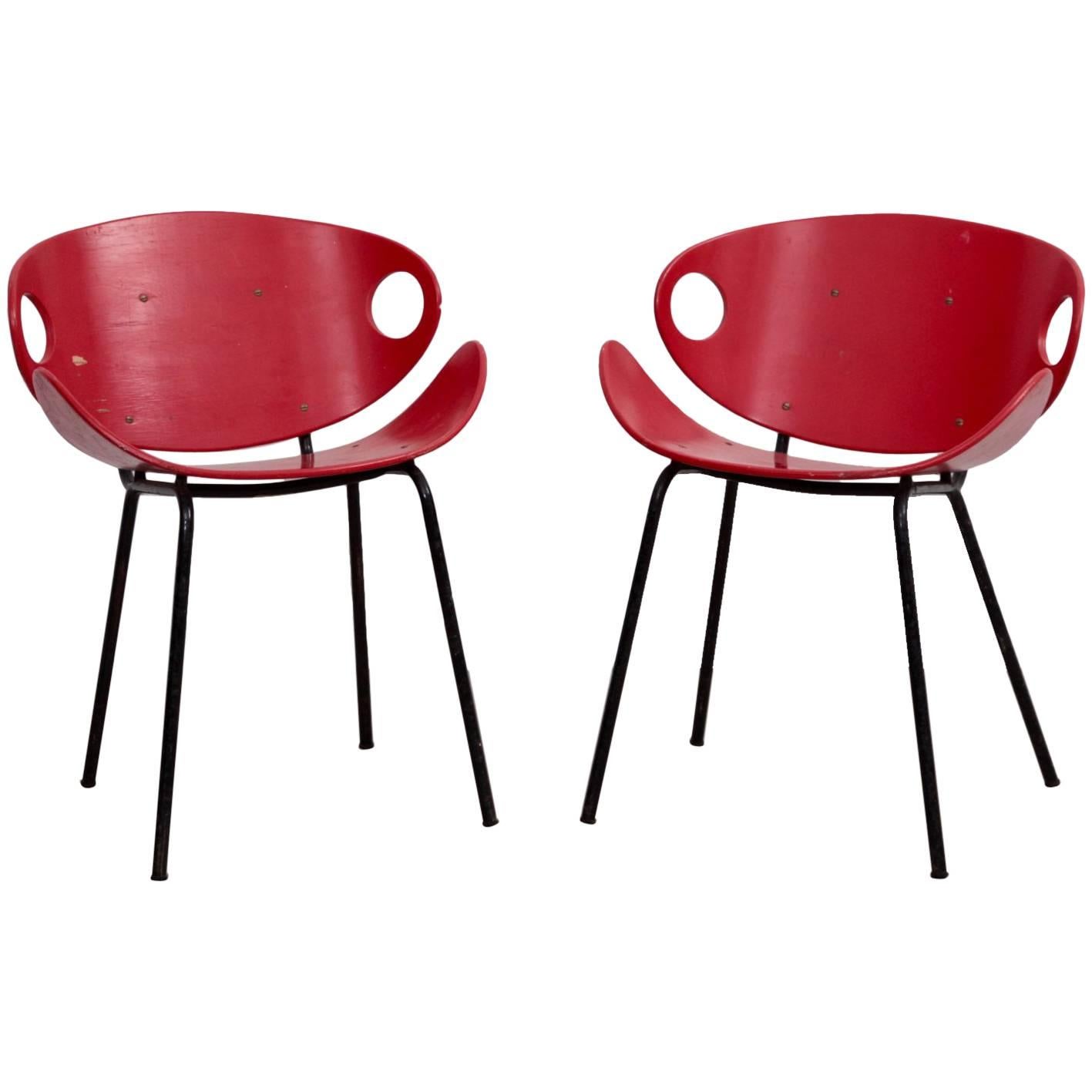 Rare Pair of Red Olof Kettunen Chairs for Merivaara, Finland, 1950s