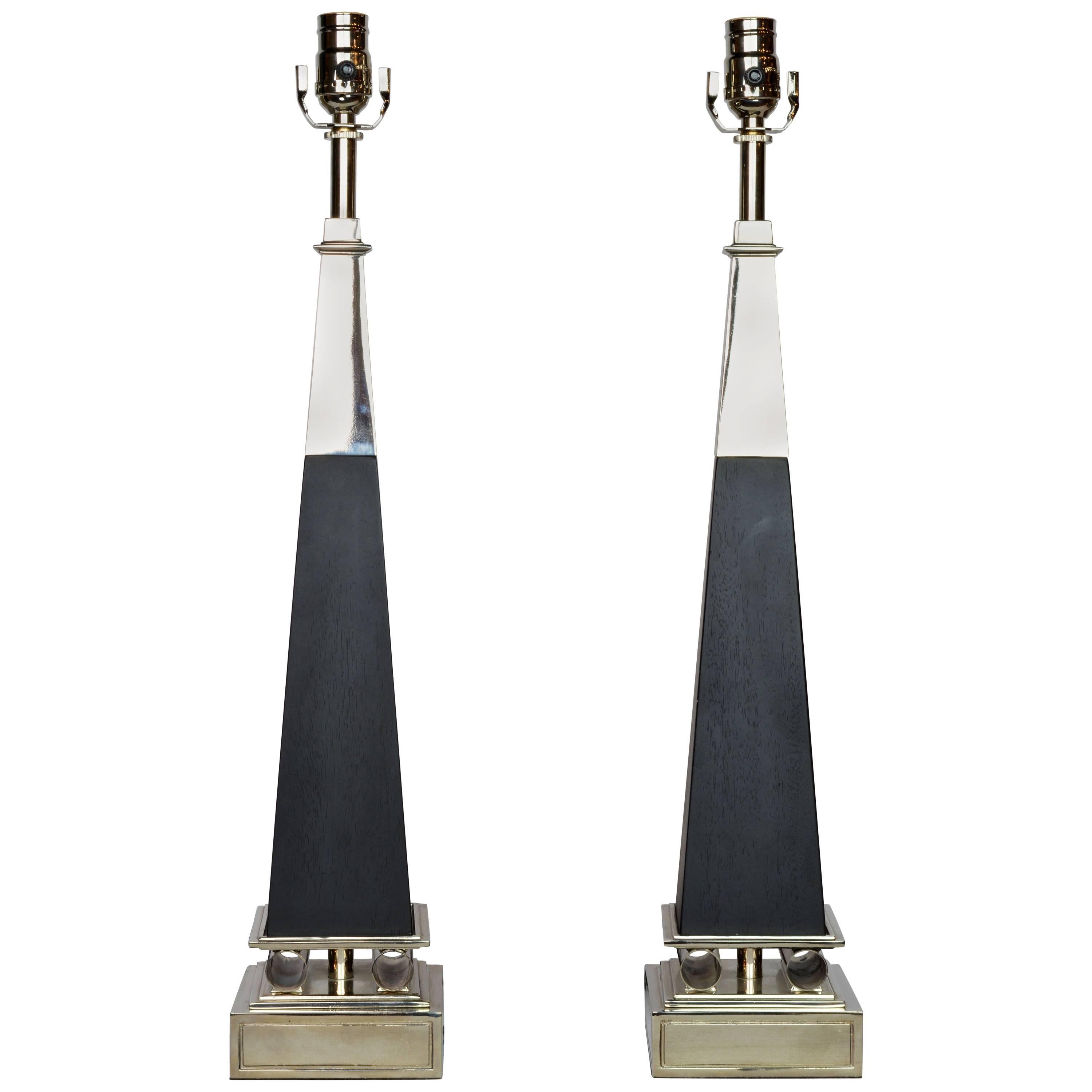 Pair of Chrome and Ebonized Wood Obelisk Lamps by Tommi Parzinger for Stiffel