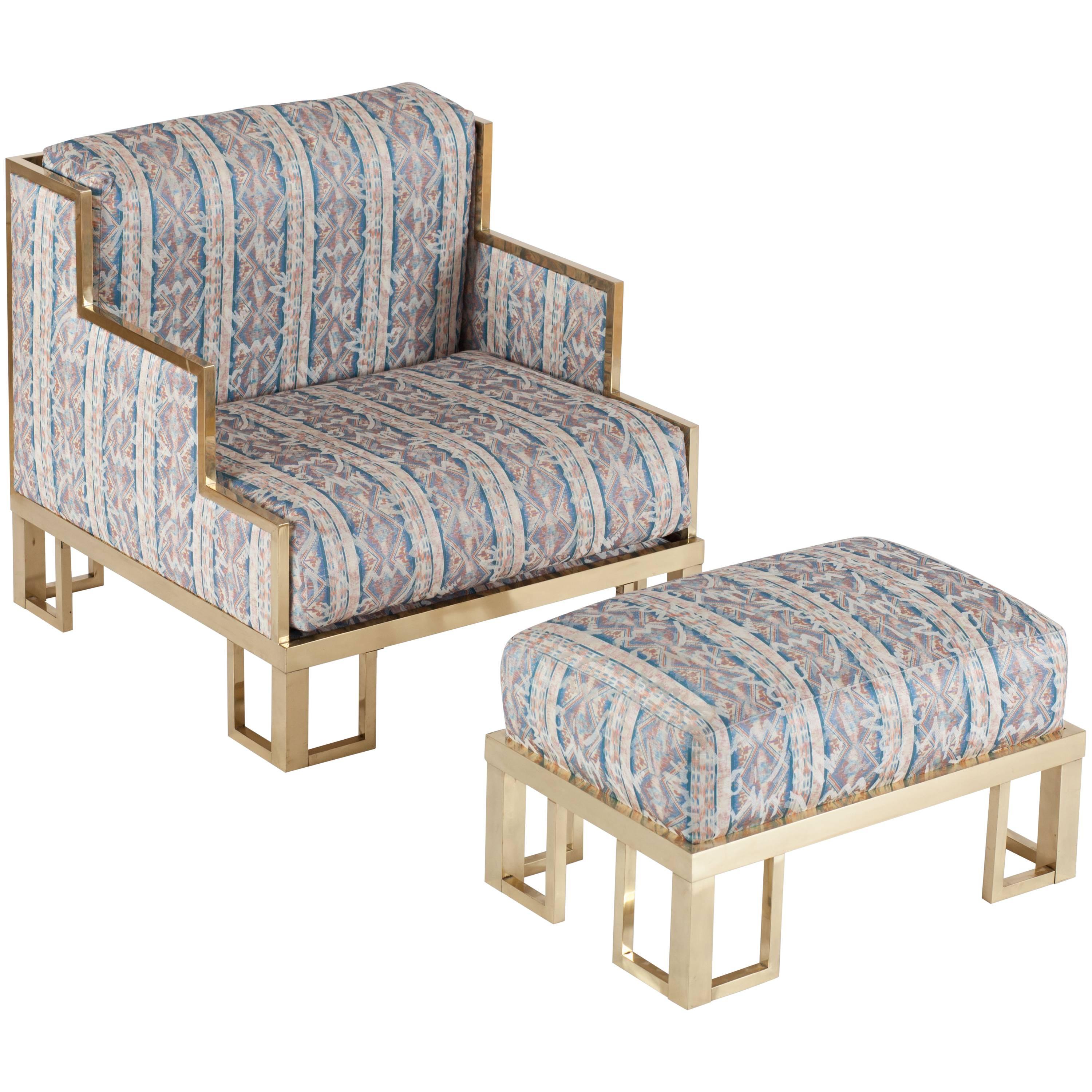Hollywood Regency Willy Rizzo Lounge Chair and Ottoman with Brass Frame
