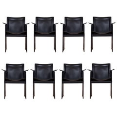Tito Agnoli Black Leather Dinging Chairs for Matteo Grassi, Italy, 1970s