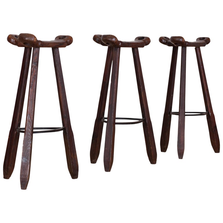 Brutalist Spanish Oak Bar Stools For Sale at 1stDibs