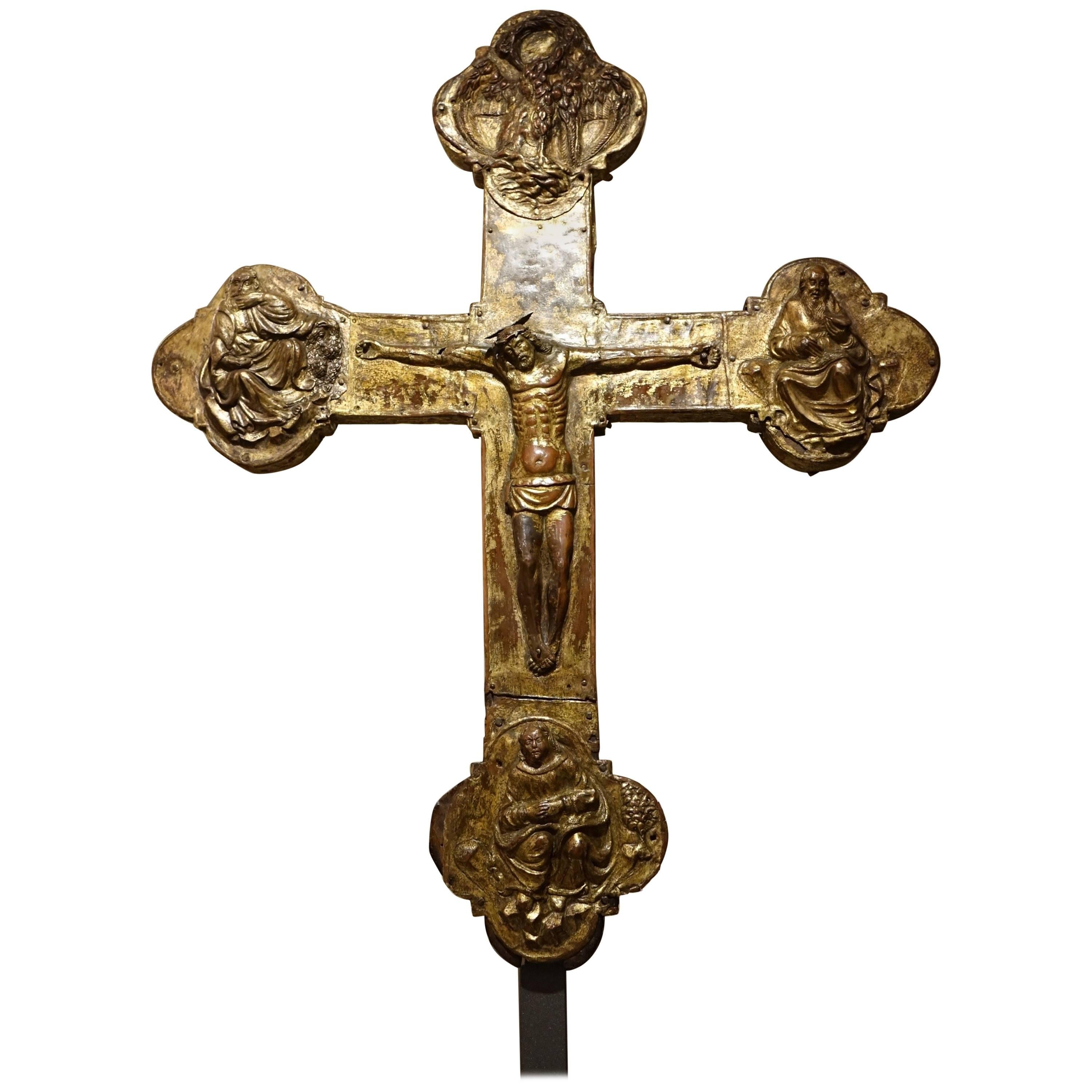 Large 15th Century Large  Procession Cross, Gilt Copper, Italy 