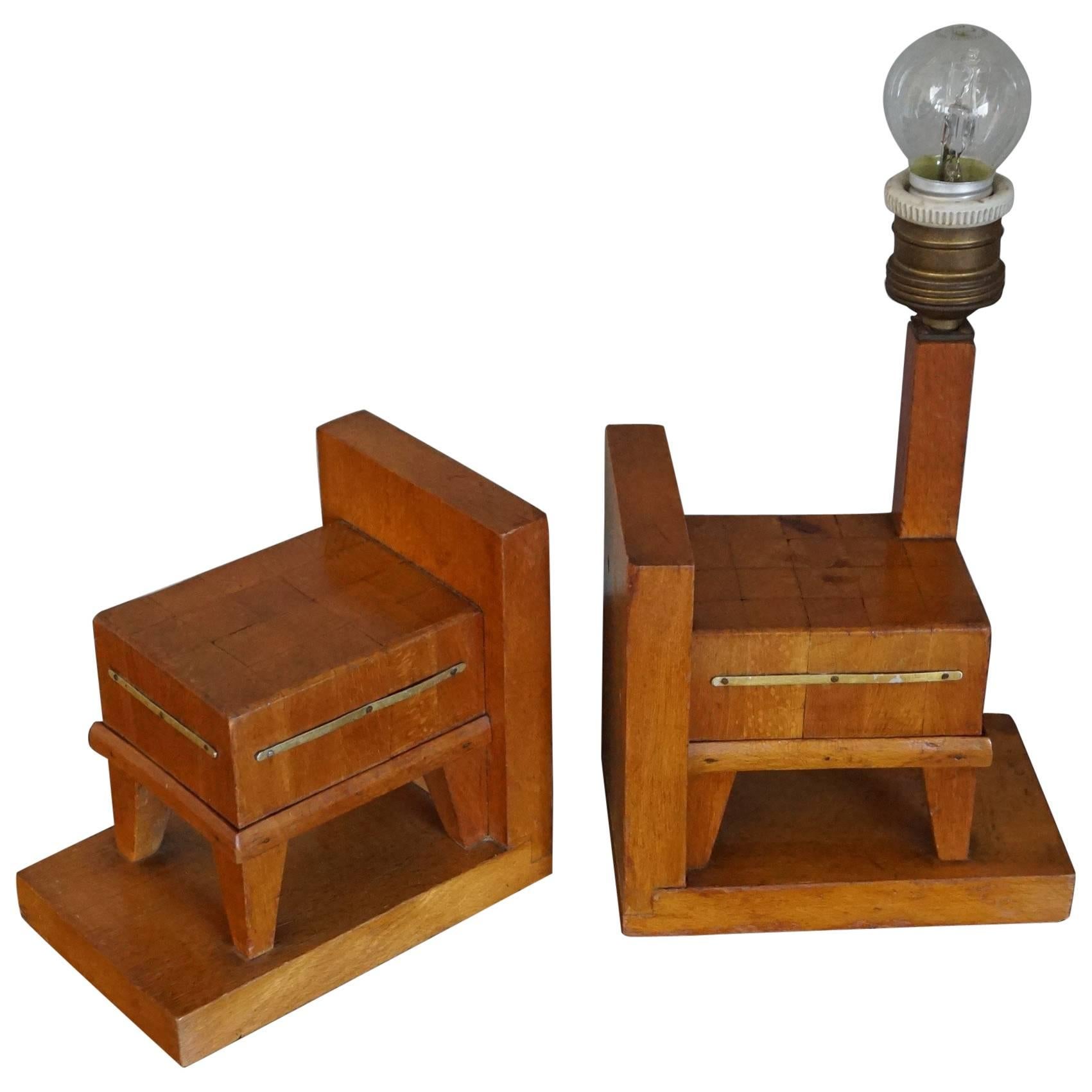 Pair of Wooden Art Deco Butcher Block Bookends with Integrated Table Light