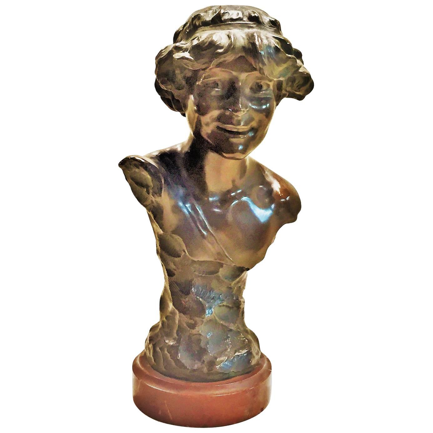 A. Charroi, Laughing Girl, French Art Nouveau Bronze and Marble Bust, circa 1900