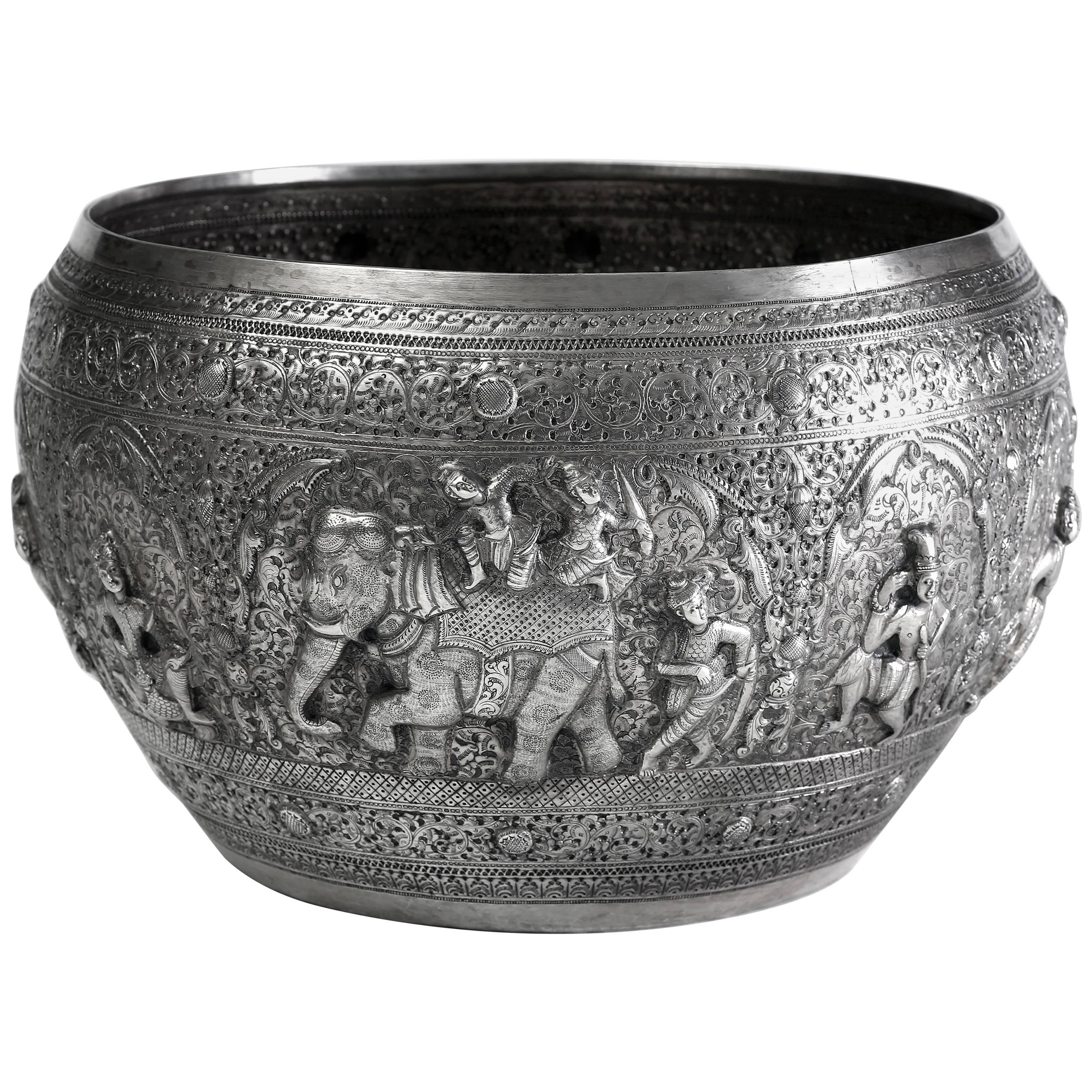Hand-Worked Solid Silver Burmese Ceremonial Bowl, High Relief Jataka Scenes