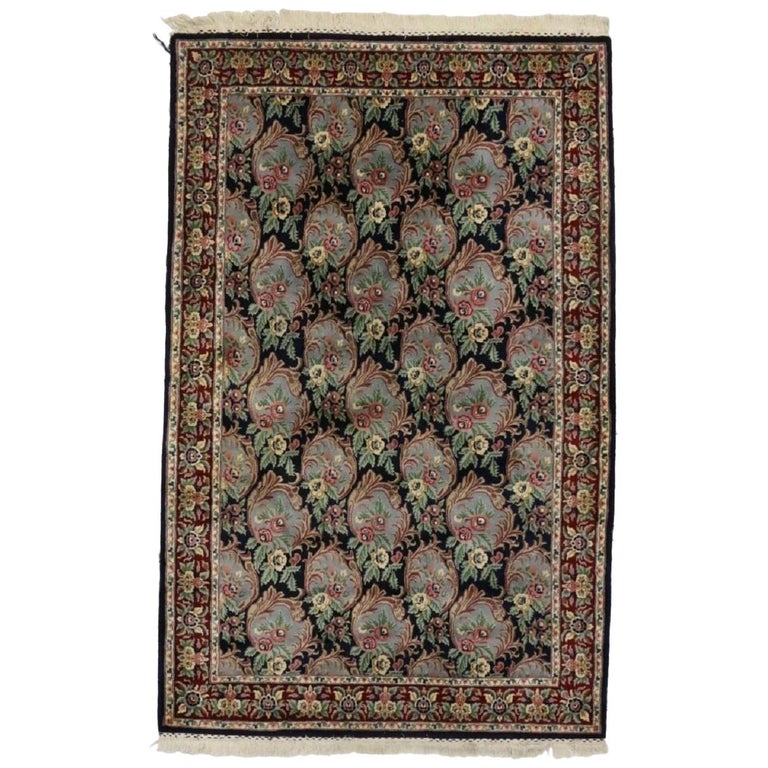 Vintage American Colonial Style Indian Area Rug With Framed Flowers Vintage American Colonial Style Indian Area Rug With Framed Flowers For