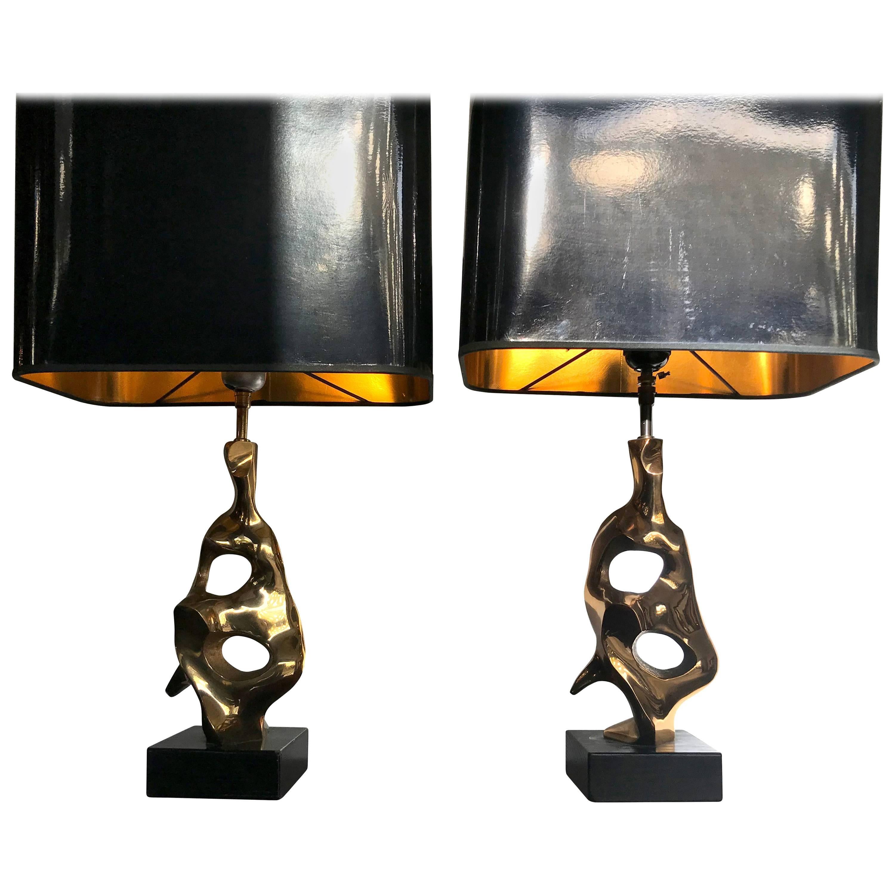 Pair of Bronze Abstract, Sculptural Lamps by Michel Jaubert