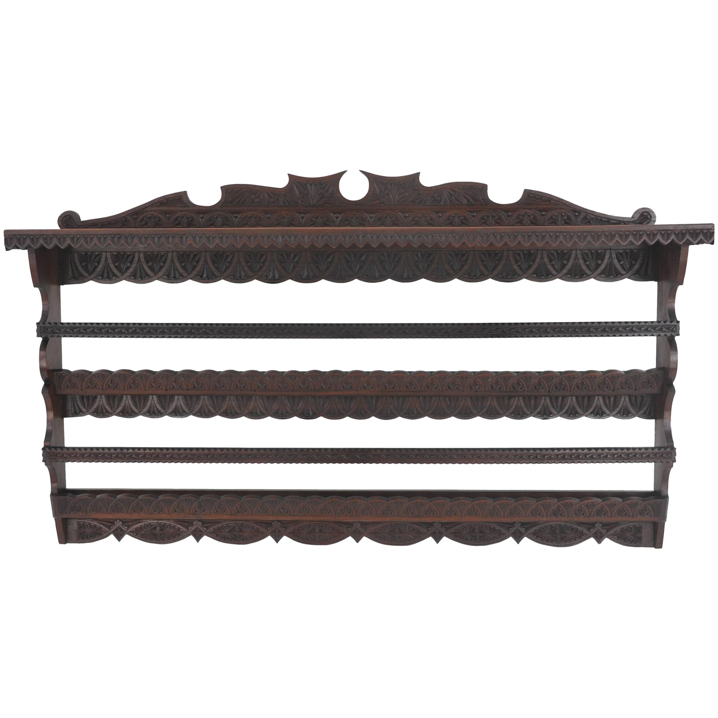 Antique Plate Rack, Solid Walnut, Victorian, Carved, Hanging Shelf B988A REDUCED