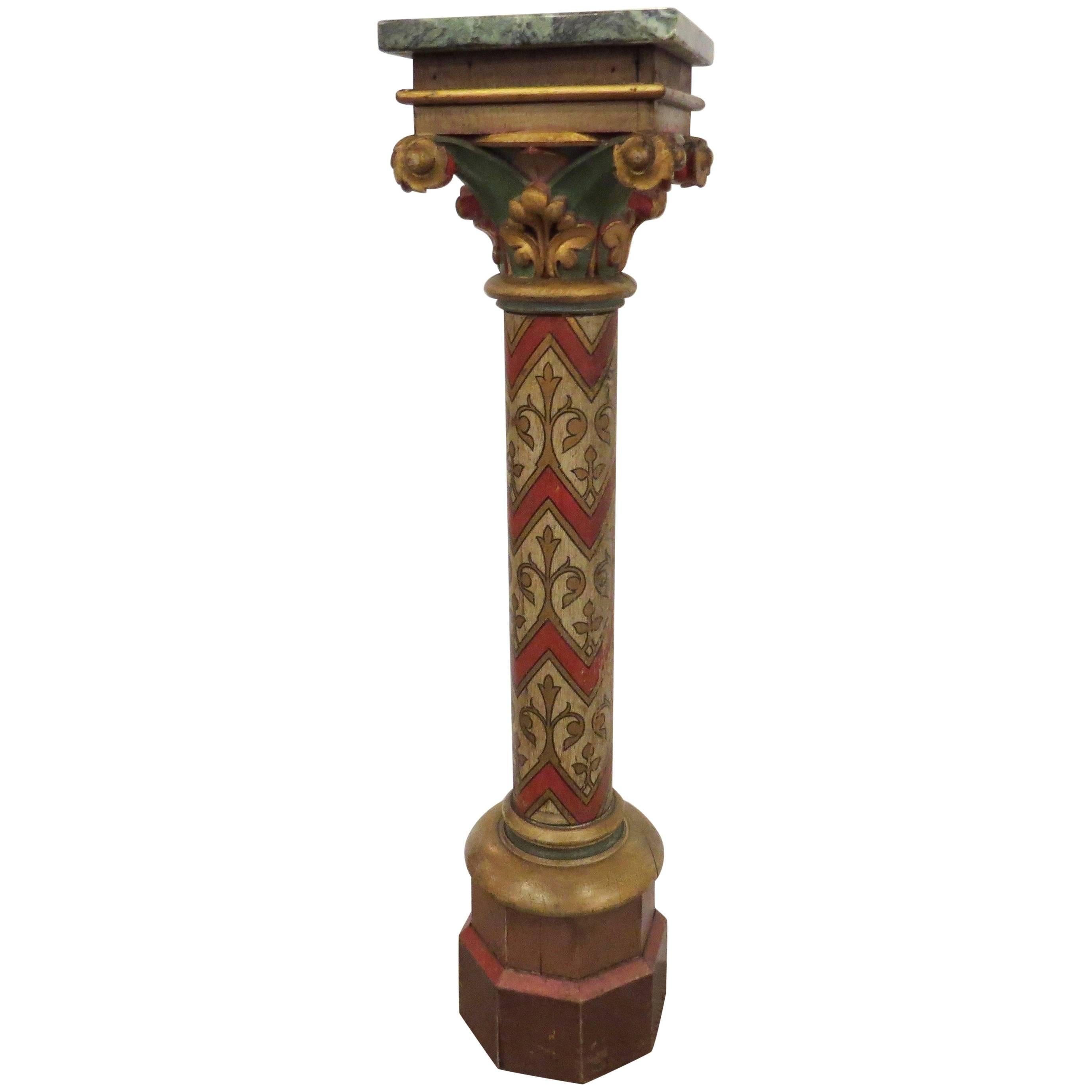 19th Century Painted Pedestal with Green Marble Top For Sale