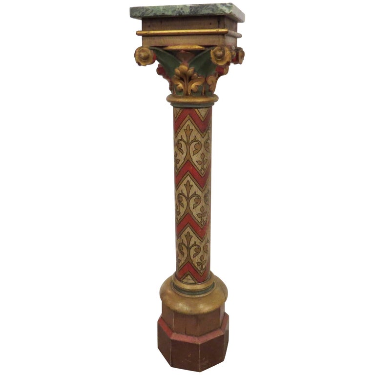 19th Century Painted Pedestal with Green Marble Top For Sale at 1stDibs