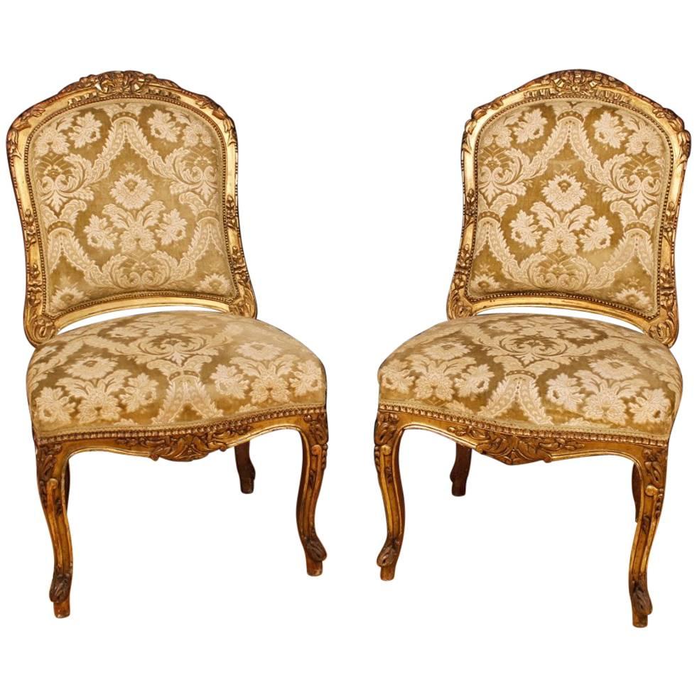 Pair of French Lounge Chairs in Giltwood and Damask Velvet from 20th Century