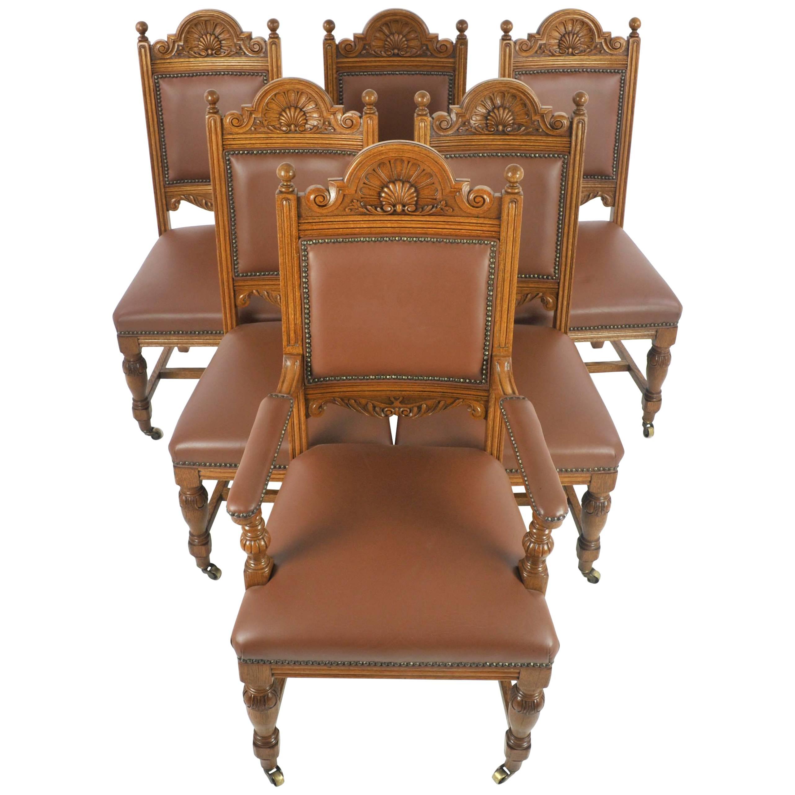 Antique Dining Chairs, Carved Oak, Six Chairs, Scotland, 1880