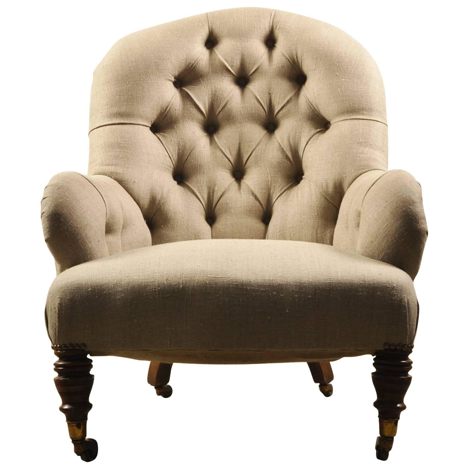 19th Century Victorian Button Back Linen Armchair For Sale