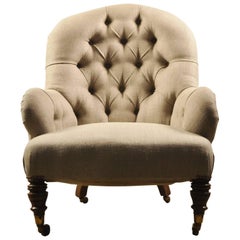 19th Century Victorian Button Back Linen Armchair