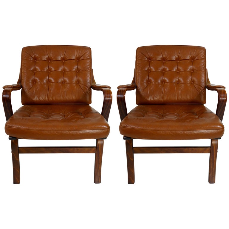 Pair Of Scandinavian Midcentury Modern Wood And Leather Armchairs