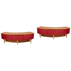 Large Pair of Modern Red Leather Mounted Wood Corner Cabinets or Commodes