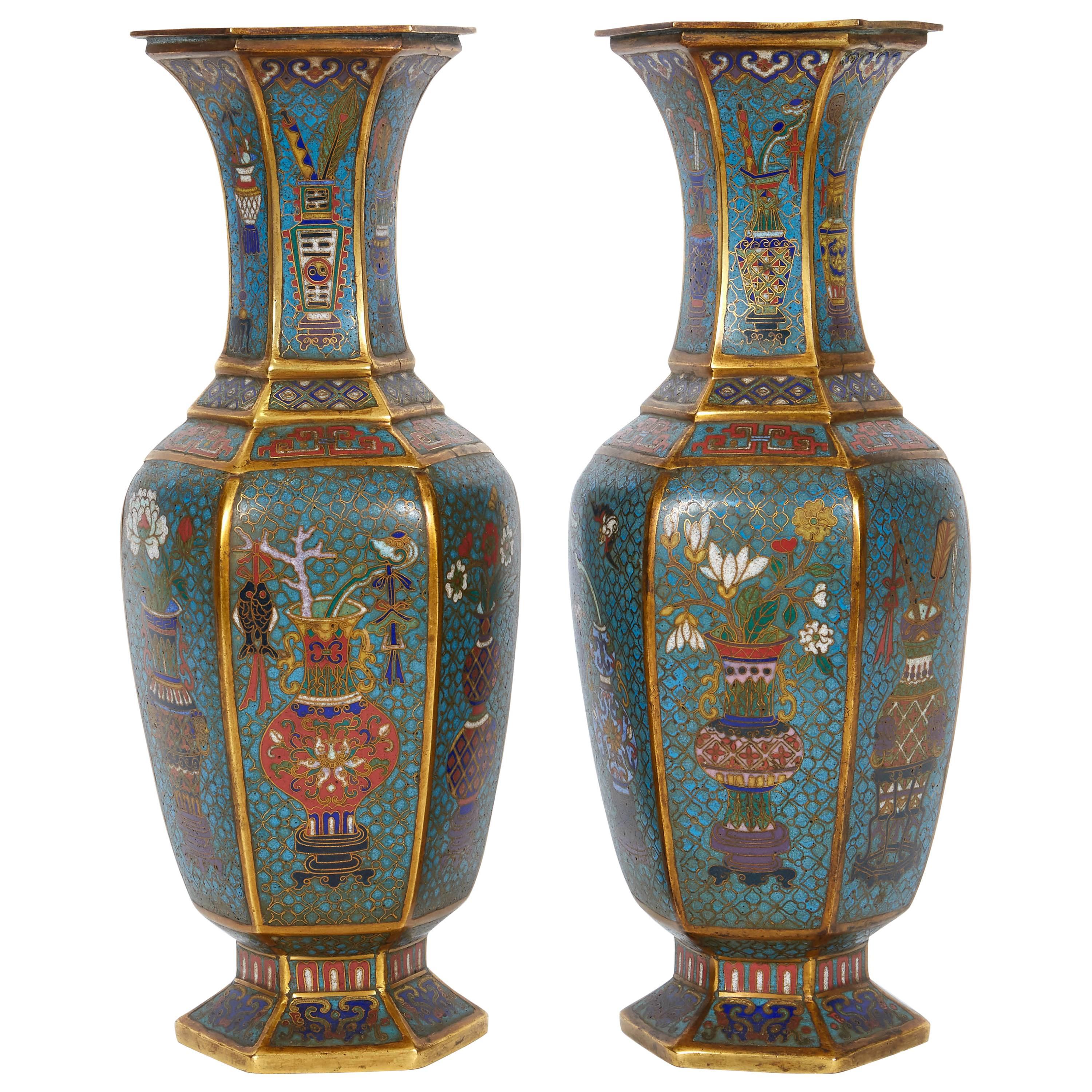 Pair of Blue Chinese Cloisonne Enamel Vases, Qing Dynasty, Qianlong Period