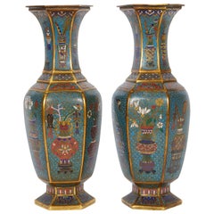 Pair of Blue Chinese Cloisonne Enamel Vases, Qing Dynasty, Qianlong Period