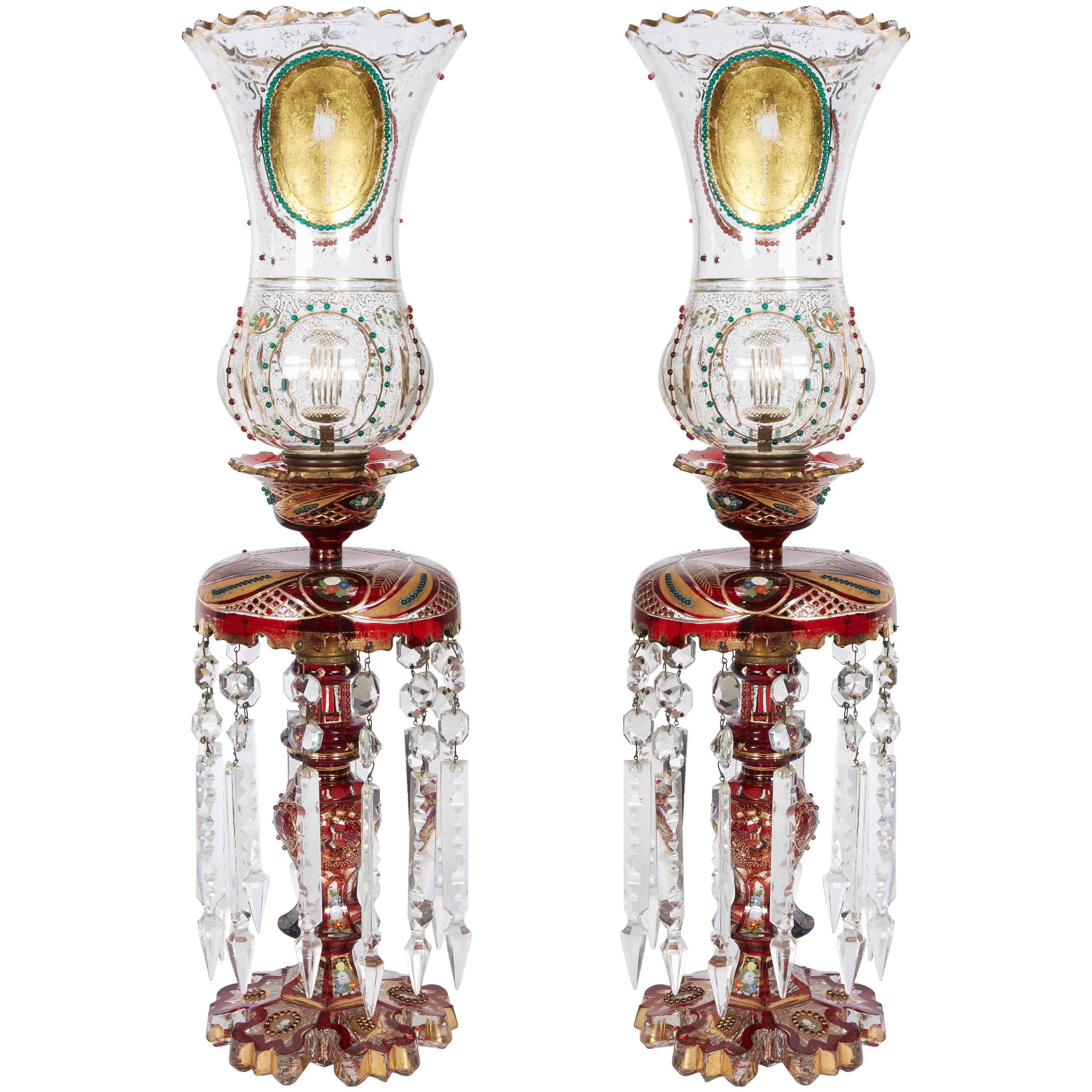 Pair of Persian Qajar Ruby Red Jeweled Bohemian Glass Lusters, 19th Century