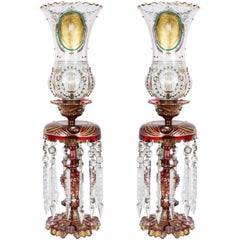 Pair of Persian Qajar Ruby Red Jeweled Bohemian Glass Lusters, 19th Century