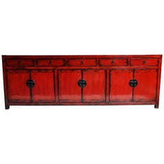 Red Lacquered Chinese Sideboard with Five Drawers and Three Shelves