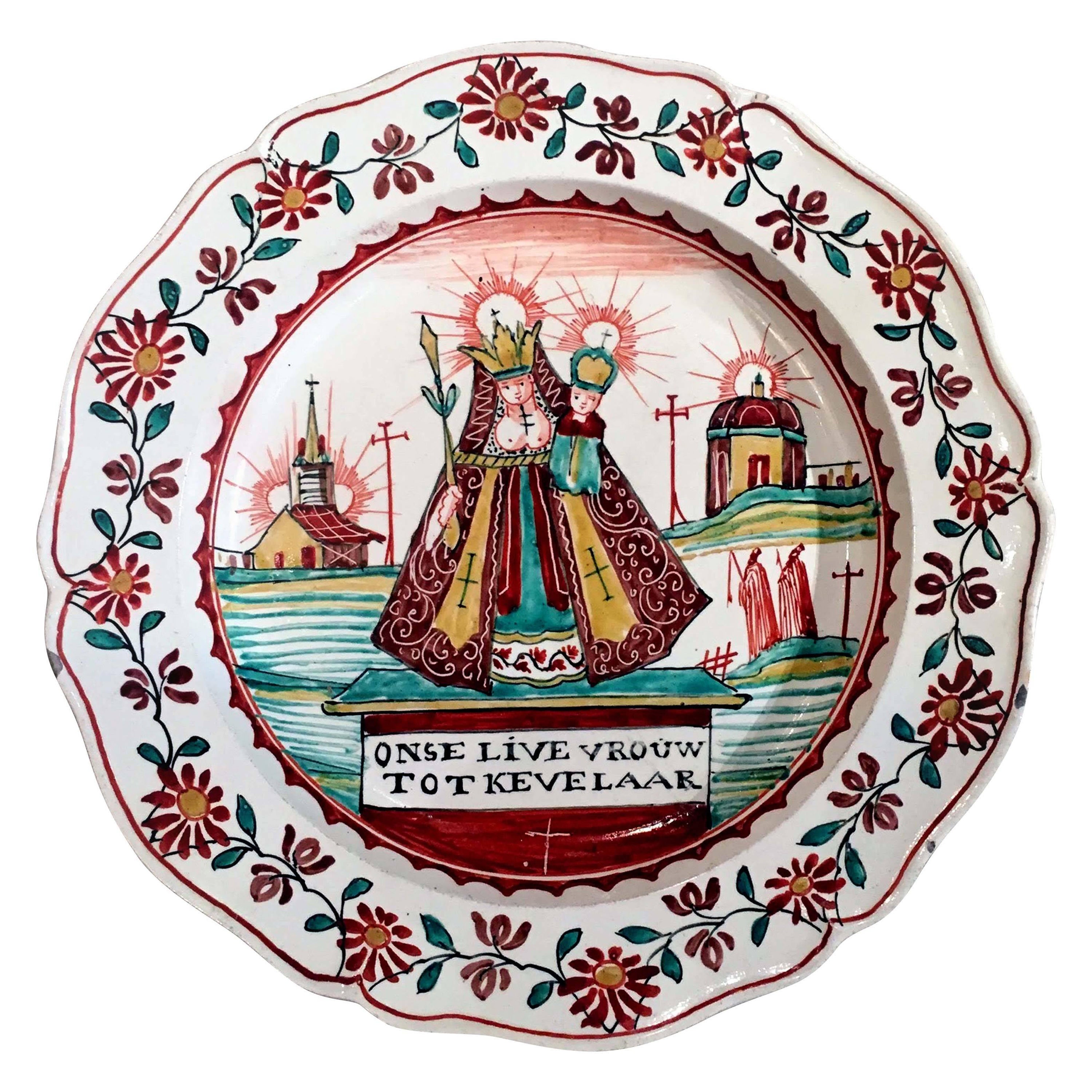 18th C. Dutch Decorated English Creamware Plate, Onse Live Vrouw Tot Kevelaar