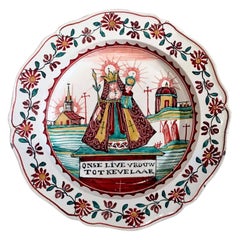 Used 18th C. Dutch Decorated English Creamware Plate, Onse Live Vrouw Tot Kevelaar