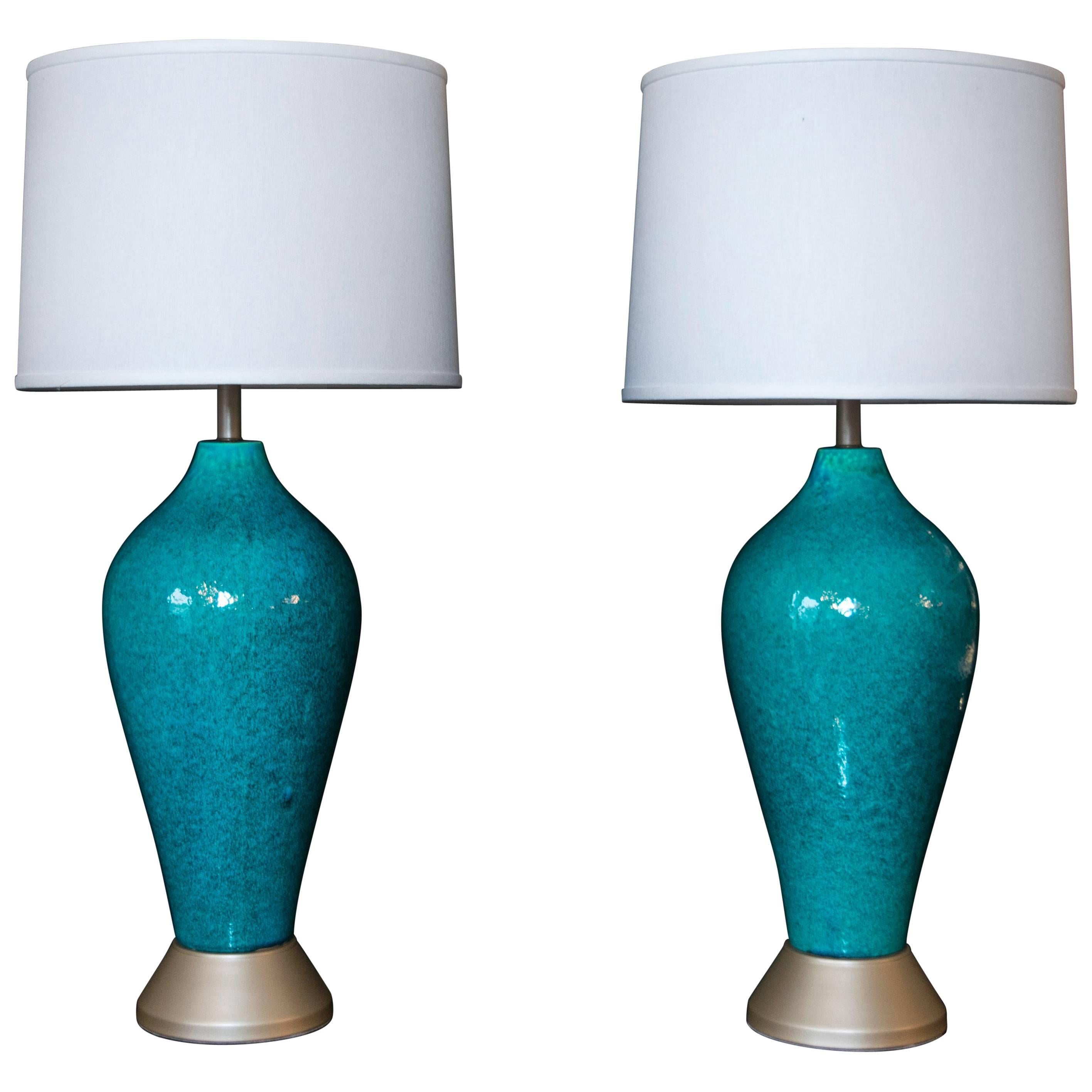 Extra Tall Turquoise Pottery Lamps with Gold Toned Base For Sale