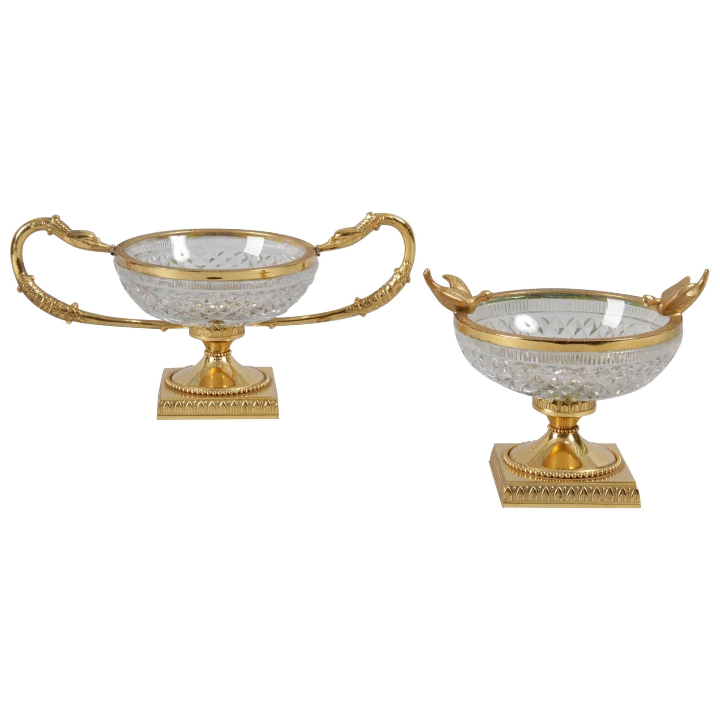 19th Century Pair of French Crystal Bowls, Gilded Brass Frames in Empire Style